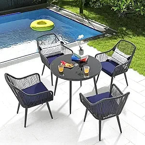 5-Piece Patio Dining Set, Outdoor Dining Table Chair Set, All-Weather Twisted Rattan Wicker Rope Conversation Set, Patio Furnit