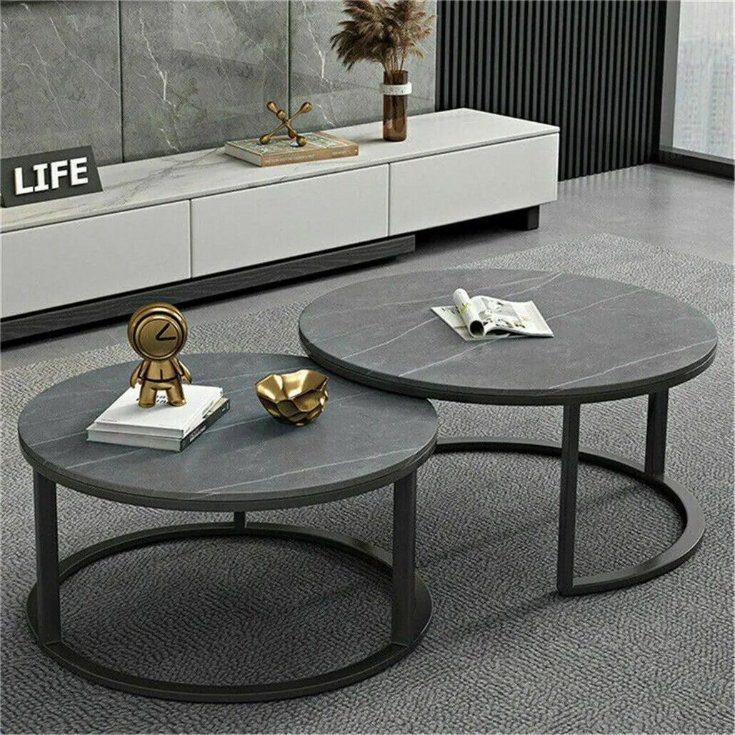 Modern Nesting Round Grey Marble Top Coffee Table Set Sintered Stone Table Metal Legs Home Furniture
