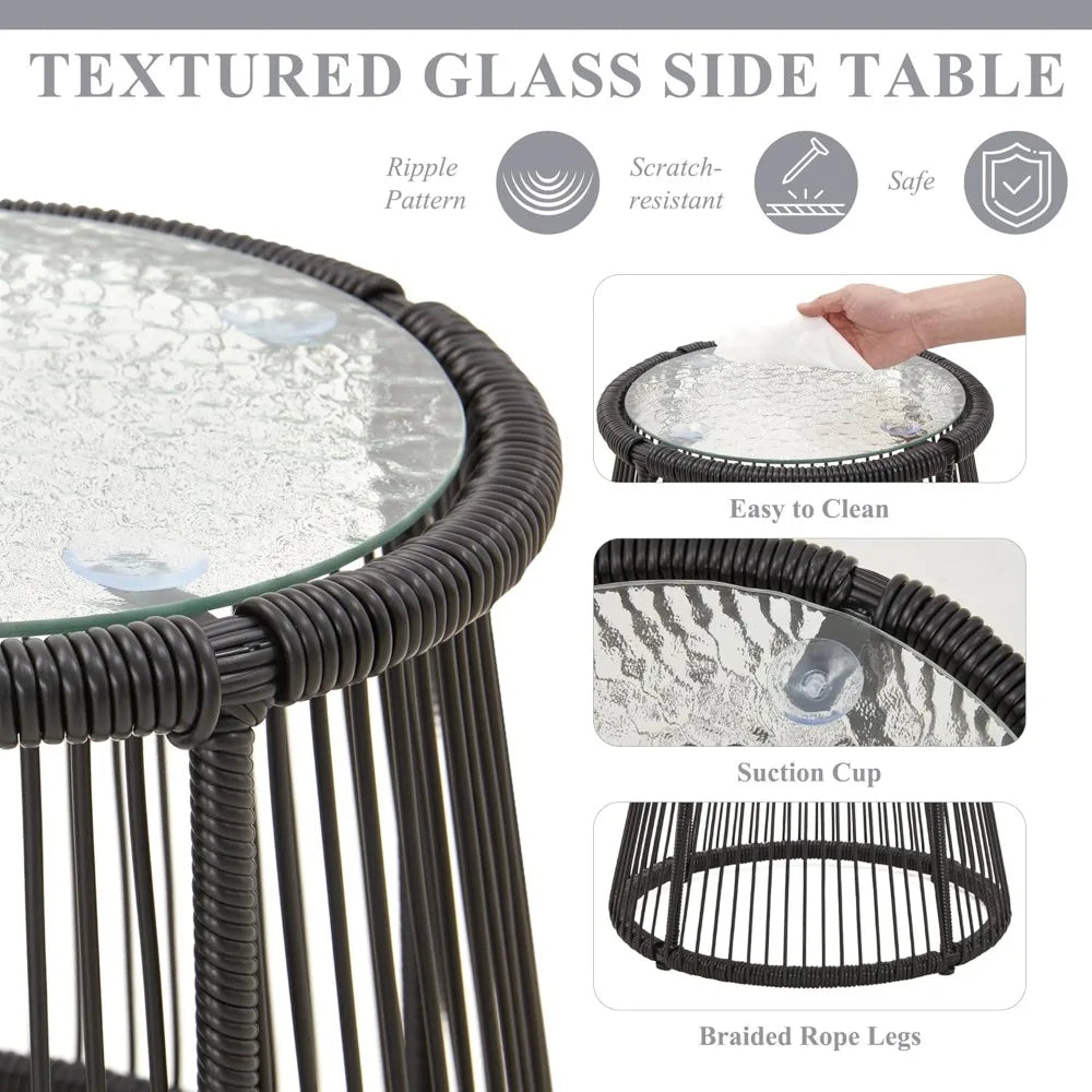 3-piece outdoor terrace furniture set, L-shaped rattan sofa with thick padding, glass coffee table - complete set