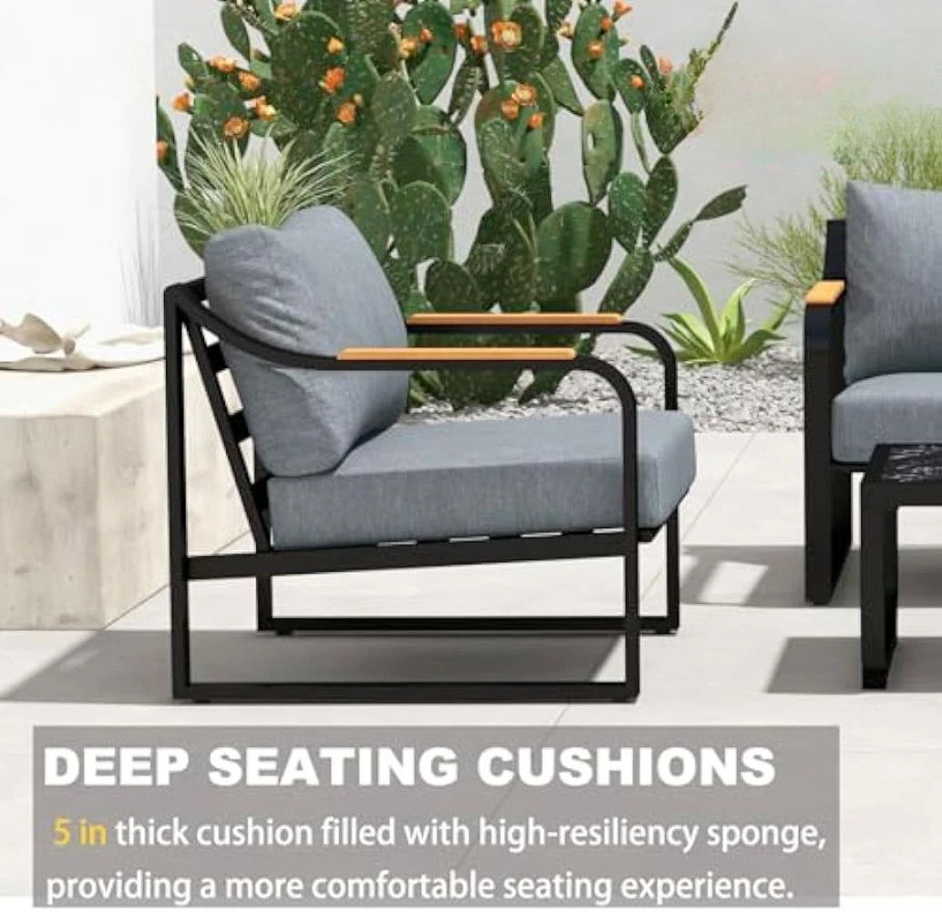 Metal Patio Furniture Set, 4 Pieces Outdoor Conversation Set with Thick Cushion Modern Patio Chat Sofa Set for Balcony rattan
