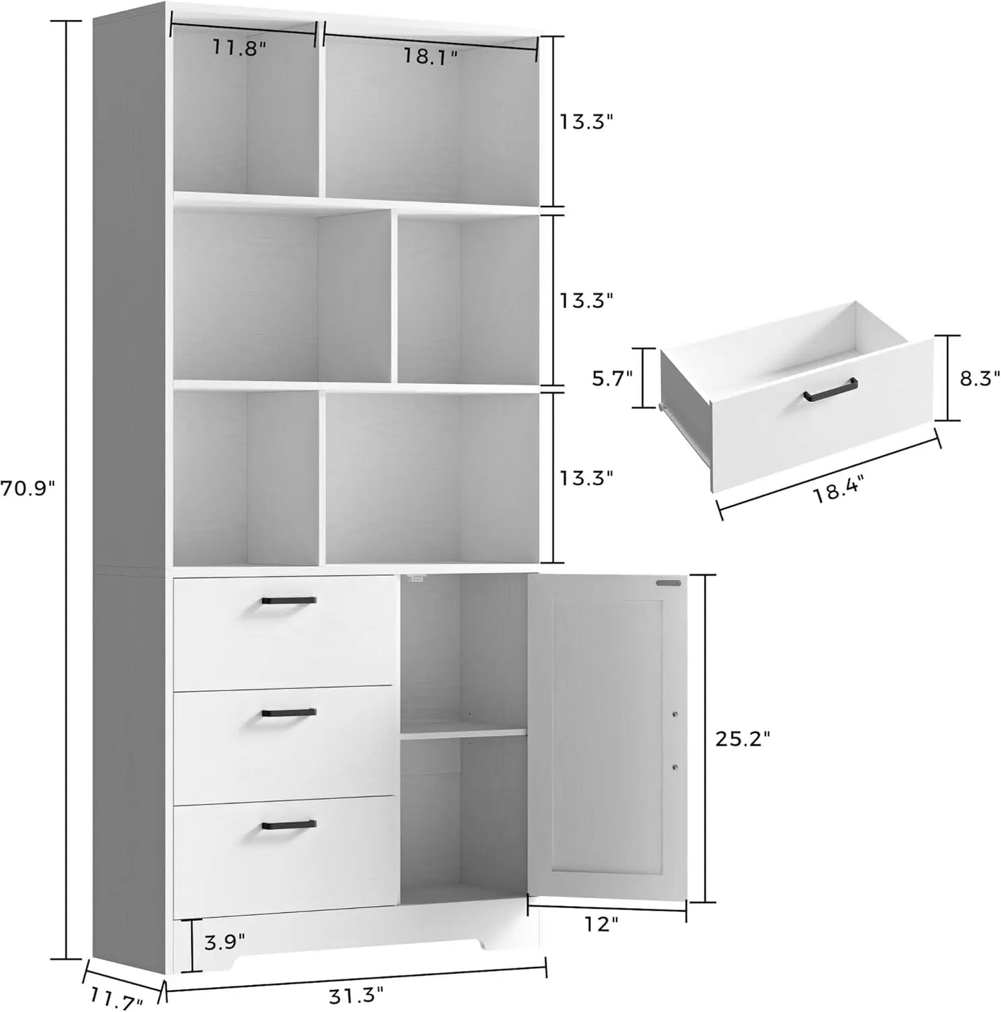 IRONCK Bookshelf with Drawers, 70.9 inch Tall Bookcase with Doors,Bookshelf with 6 Open Cubes for Home Office, Living Room