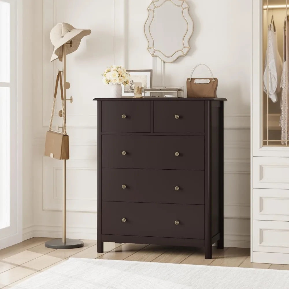 Tall Chest of Drawers, 5 Drawer with Deep Space, Wood Dresser Storage Cabinet