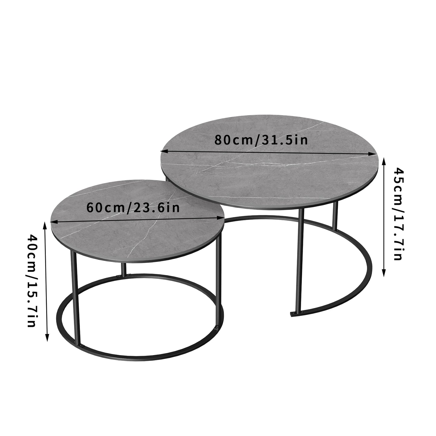 Modern Nesting Round Grey Marble Top Coffee Table Set Sintered Stone Table Metal Legs Home Furniture