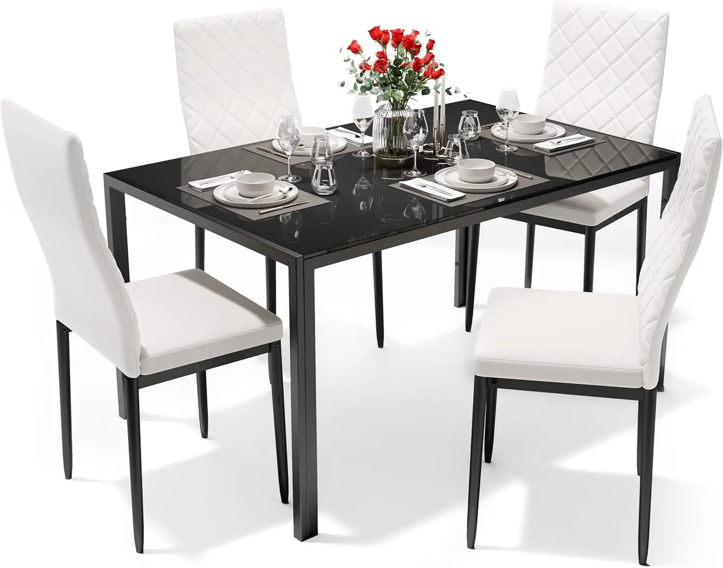 Dining Table Set for 4, Kitchen Table and Chairs Set of 4, 5 Piece Modern Dining Room Table Set with Tempered Glass Top