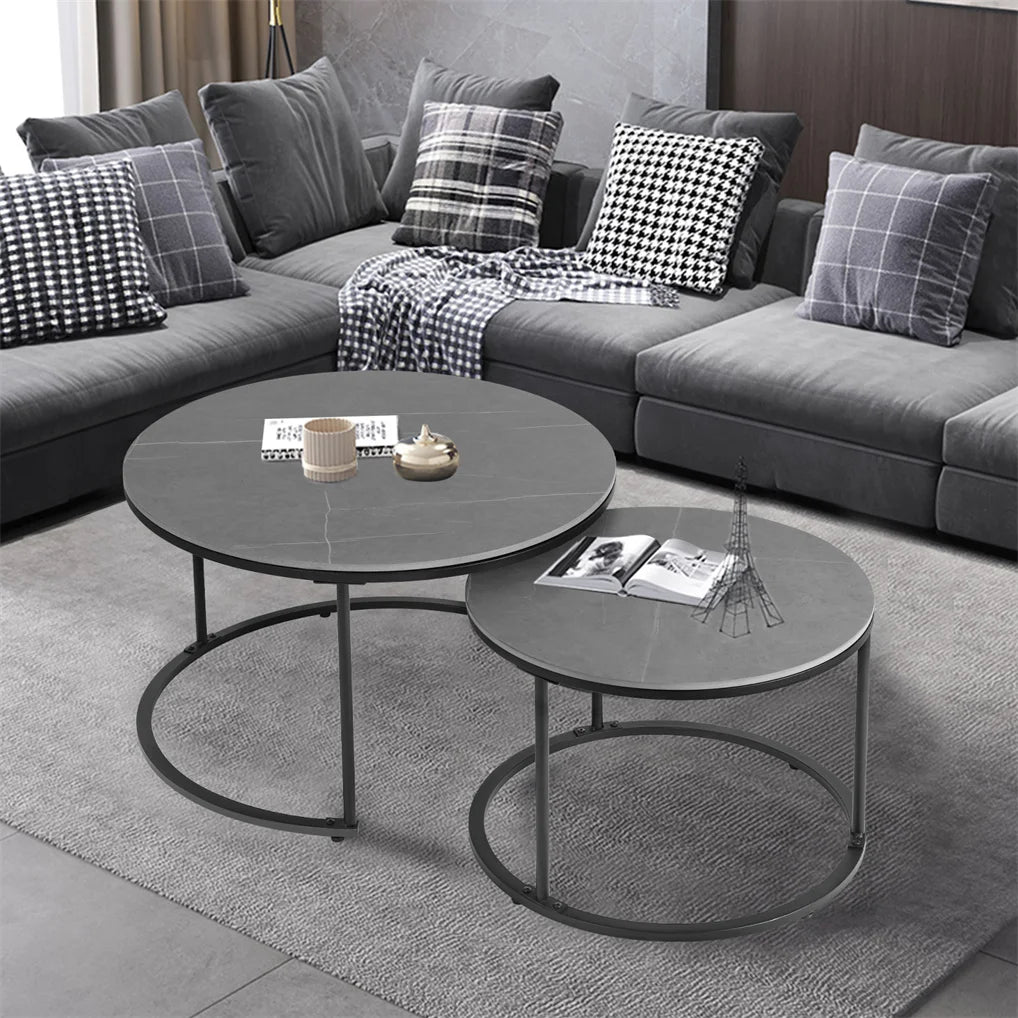 Modern Nesting Round Grey Marble Top Coffee Table Set Sintered Stone Table Metal Legs Home Furniture