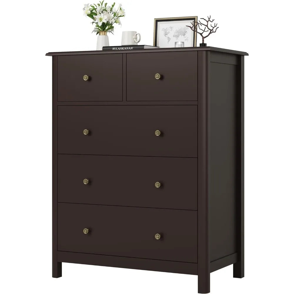 Tall Chest of Drawers, 5 Drawer with Deep Space, Wood Dresser Storage Cabinet