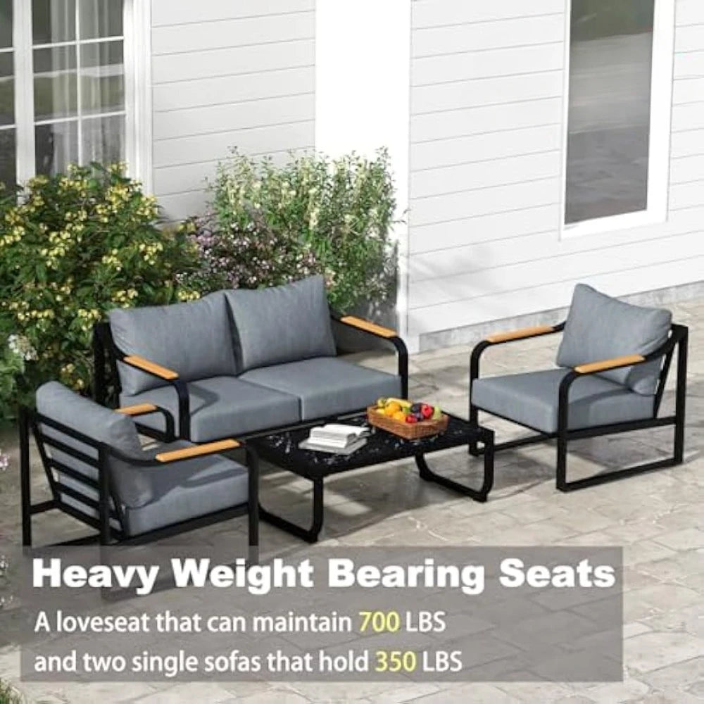 Metal Patio Furniture Set, 4 Pieces Outdoor Conversation Set with Thick Cushion Modern Patio Chat Sofa Set for Balcony rattan
