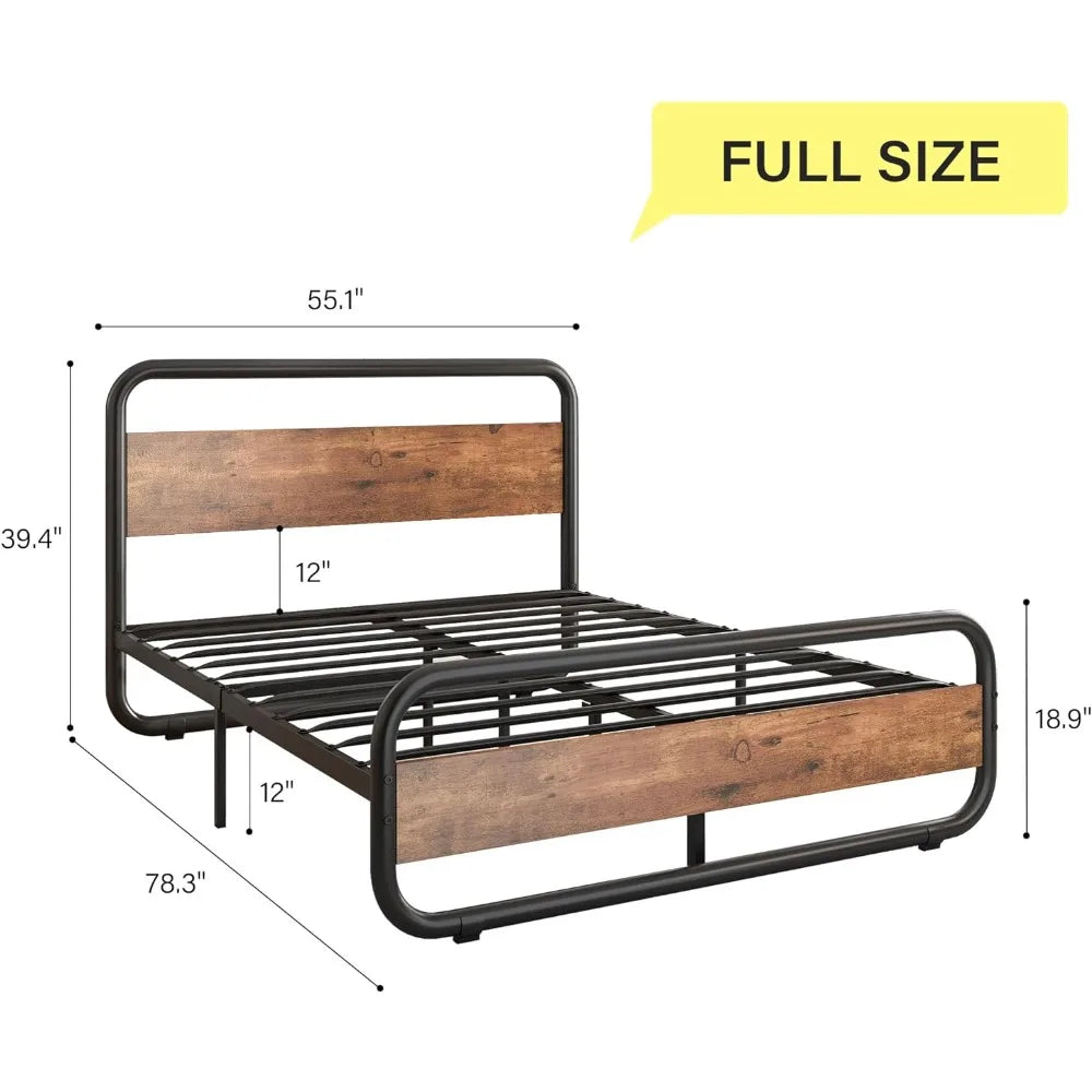 Full Size Bed Frame, Metal Full Bed Frame with LED Headboard and Footboard, Rustic Industrial Heavy Duty Wooden Platfo