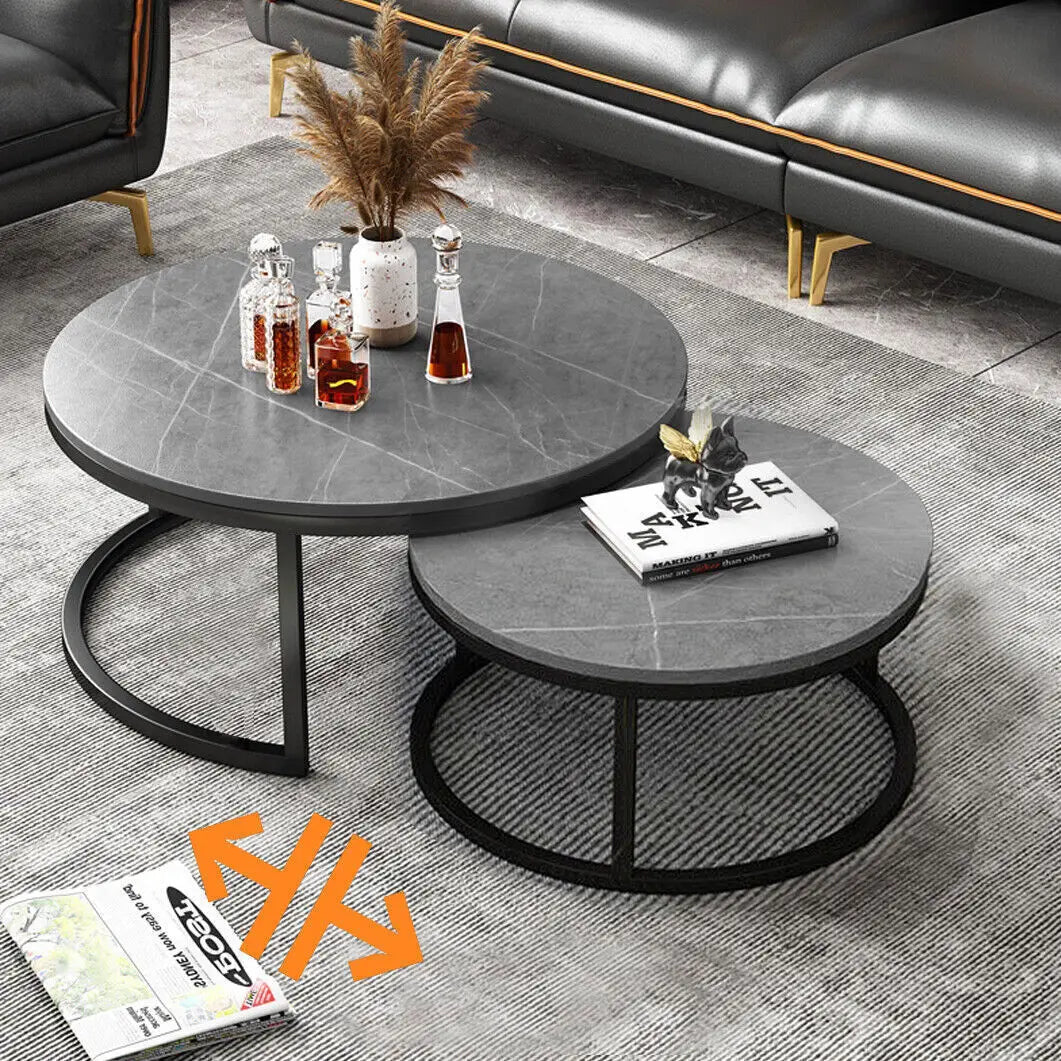Modern Nesting Round Grey Marble Top Coffee Table Set Sintered Stone Table Metal Legs Home Furniture