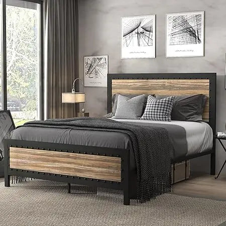 Heavy Duty Metal Bed Frame, Platform Base with Wooden Headboard Footboard, Strong Slats Support, No Box Spring Needed