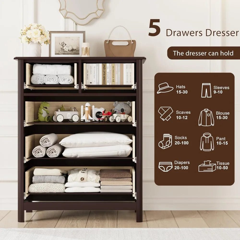 Tall Chest of Drawers, 5 Drawer with Deep Space, Wood Dresser Storage Cabinet