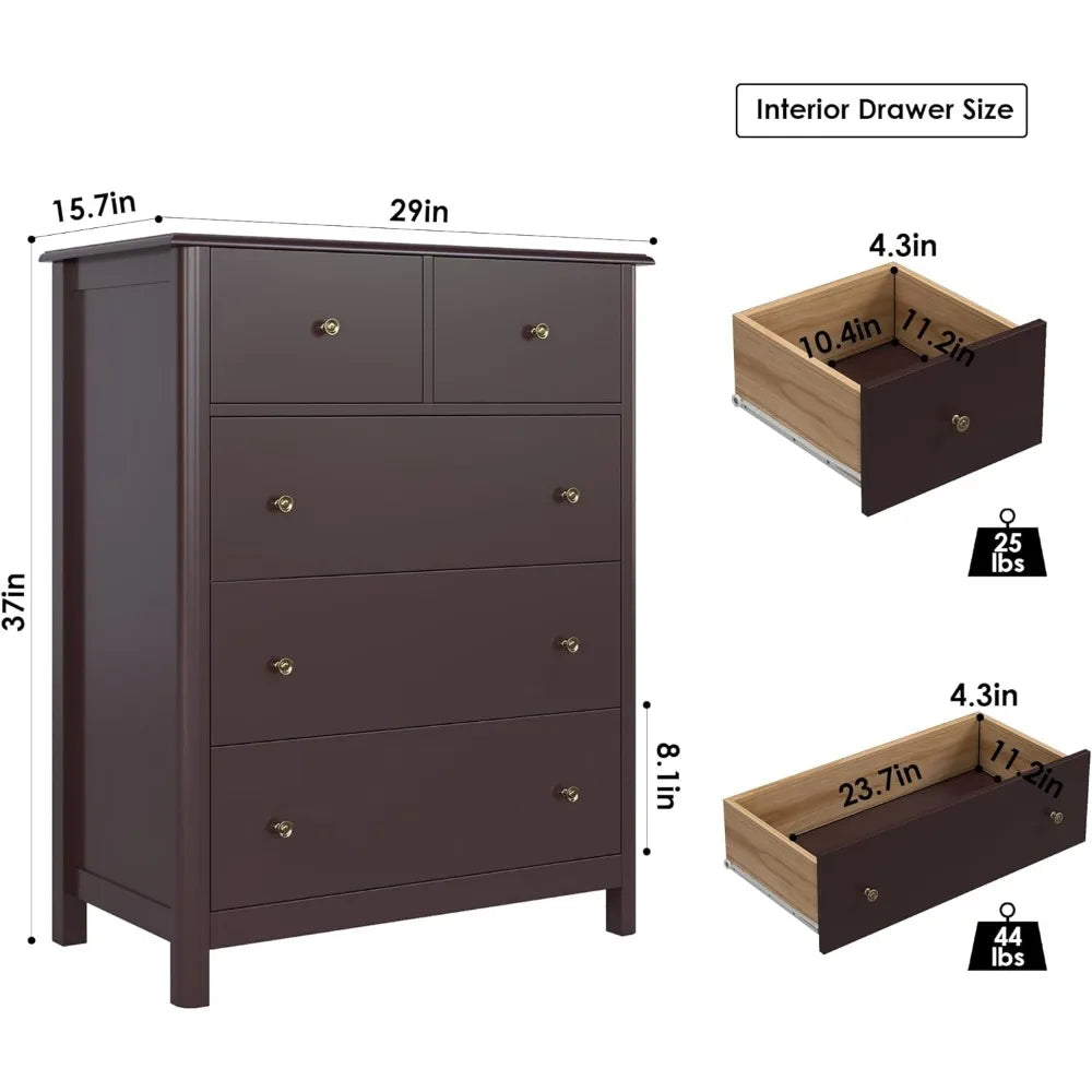 Tall Chest of Drawers, 5 Drawer with Deep Space, Wood Dresser Storage Cabinet