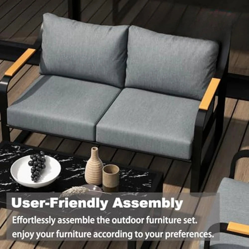 Metal Patio Furniture Set, 4 Pieces Outdoor Conversation Set with Thick Cushion Modern Patio Chat Sofa Set for Balcony rattan