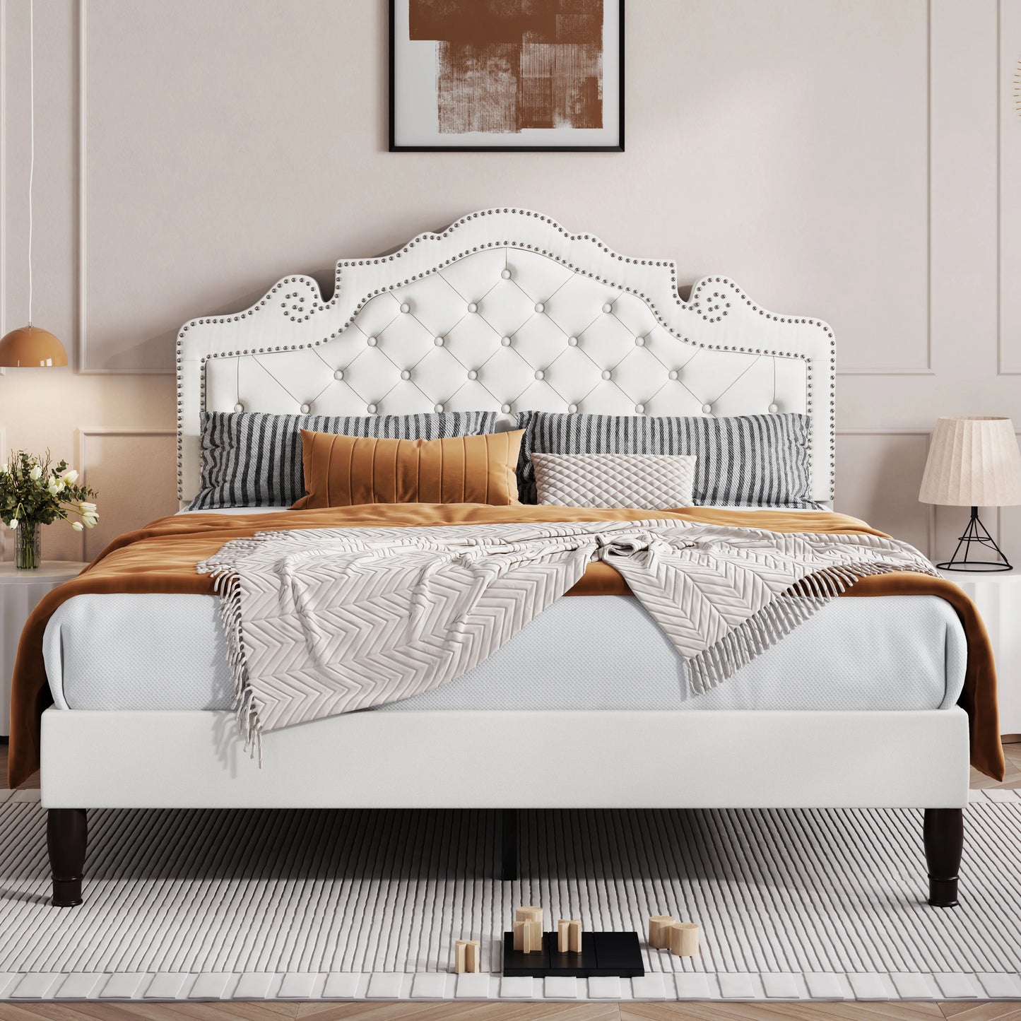 HOOMIC Bed Frame with Adjustable Velvet Tiara Headboard, Upholstered Diamond Button Tufted Platform Bed, Wood Slats Support,