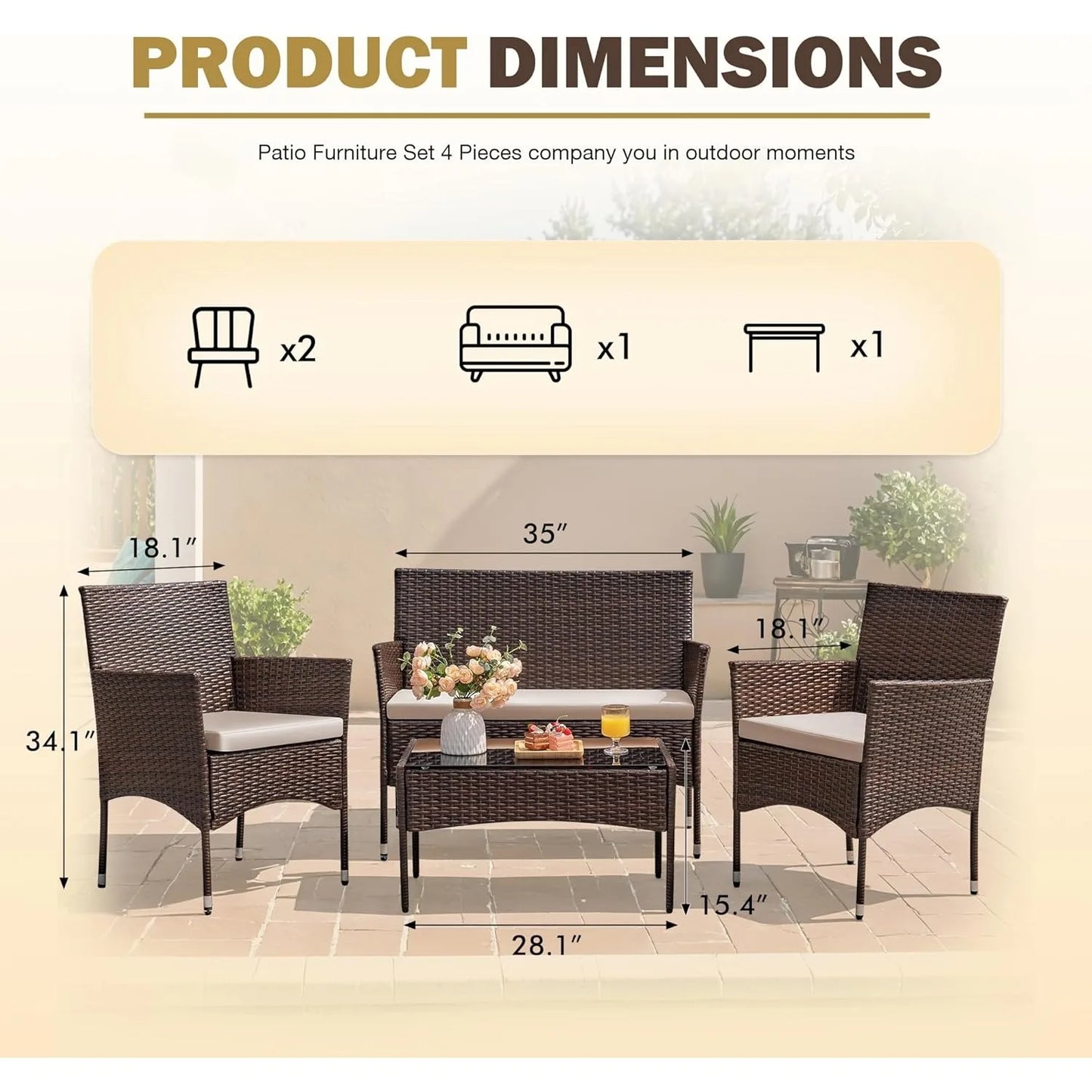 4-piece set of outdoor terrace furniture, rattan chairs, wicker covers, outdoor indoor use, backyard porch (brown and beige)