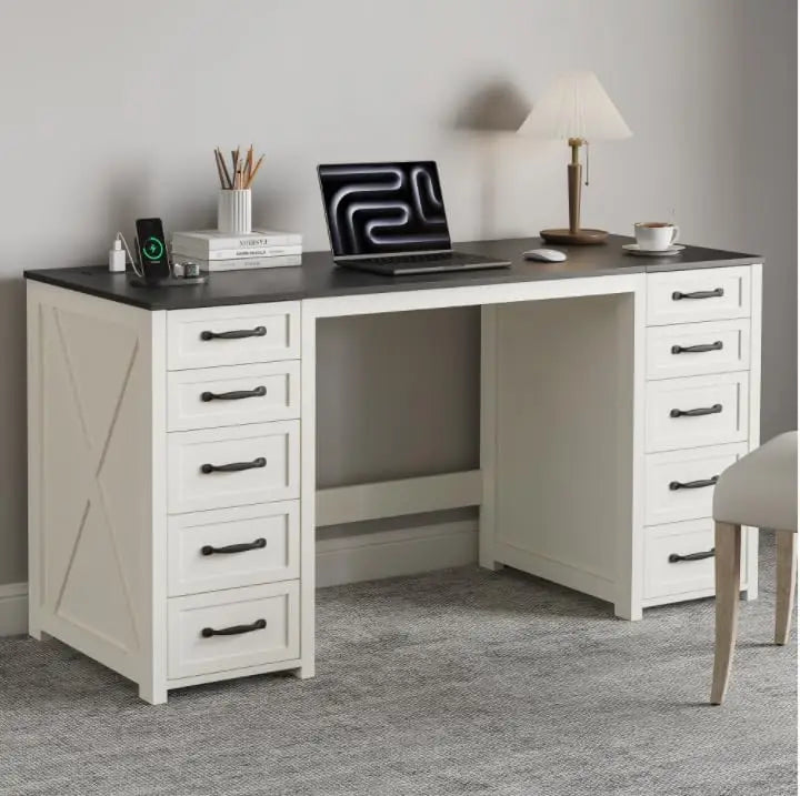 60" Farmhouse Home Office Desk with 10 Wooden Drawers, Rustic Computer Writing Desk with Power Outlets, Large Executive Desk