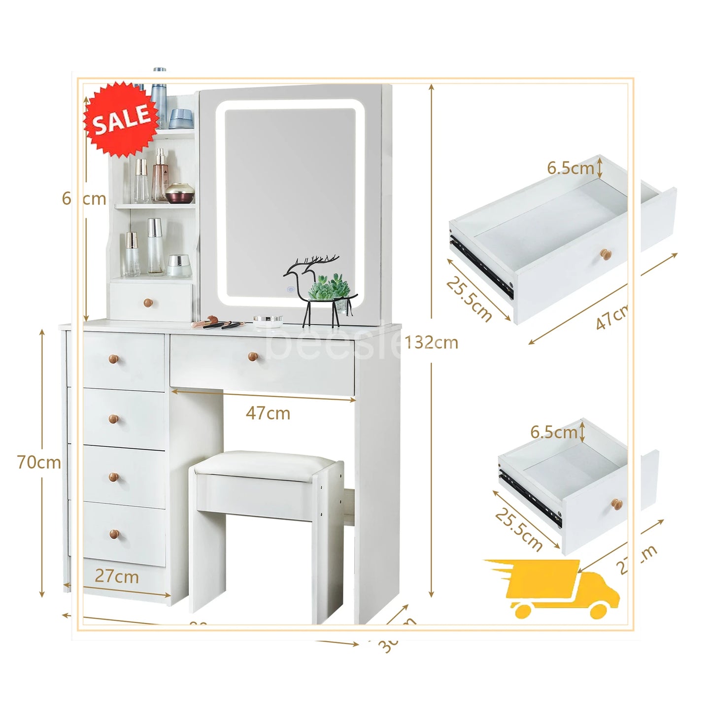 Dressing Table Mirror with Lights Stool Makeup Vanity Set Desk Organizer Dresser