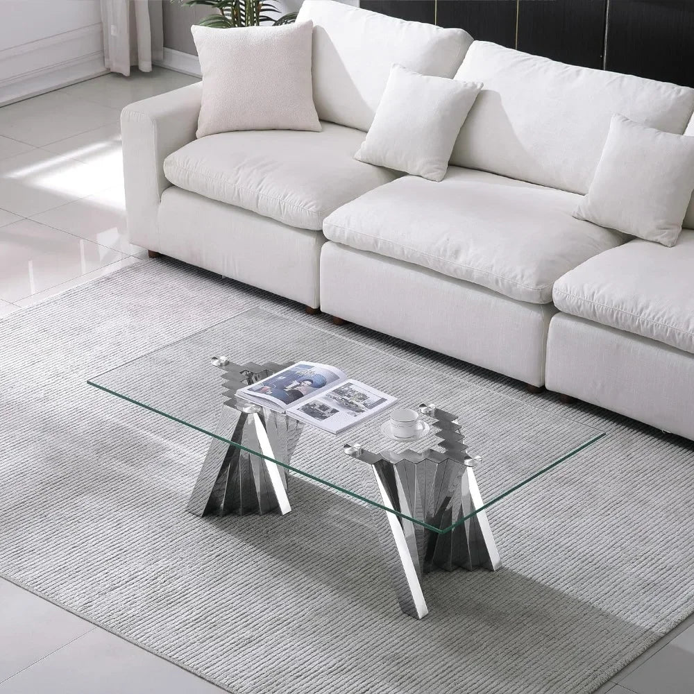 Modern Glass Stainless Steel Coffee Table, with Tempered Glass Top and Silver Mirror Finish Stainless Steel Base for Living Room