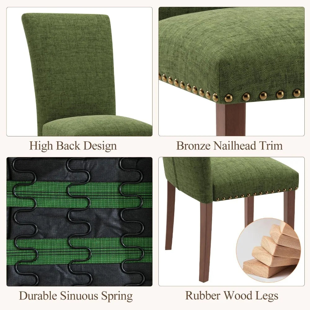 "Set of 2 Green Parsons Dining Chairs - Upholstered with Nailhead Trim, Thick Cushions & Wood Legs"