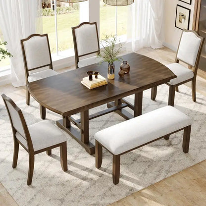 6-Piece Dining Set, Extendable 60-78 inch Wooden Table with Leaf, 4 Upholstered Chairs & Bench for 6, Kitchen Dining Table Set,