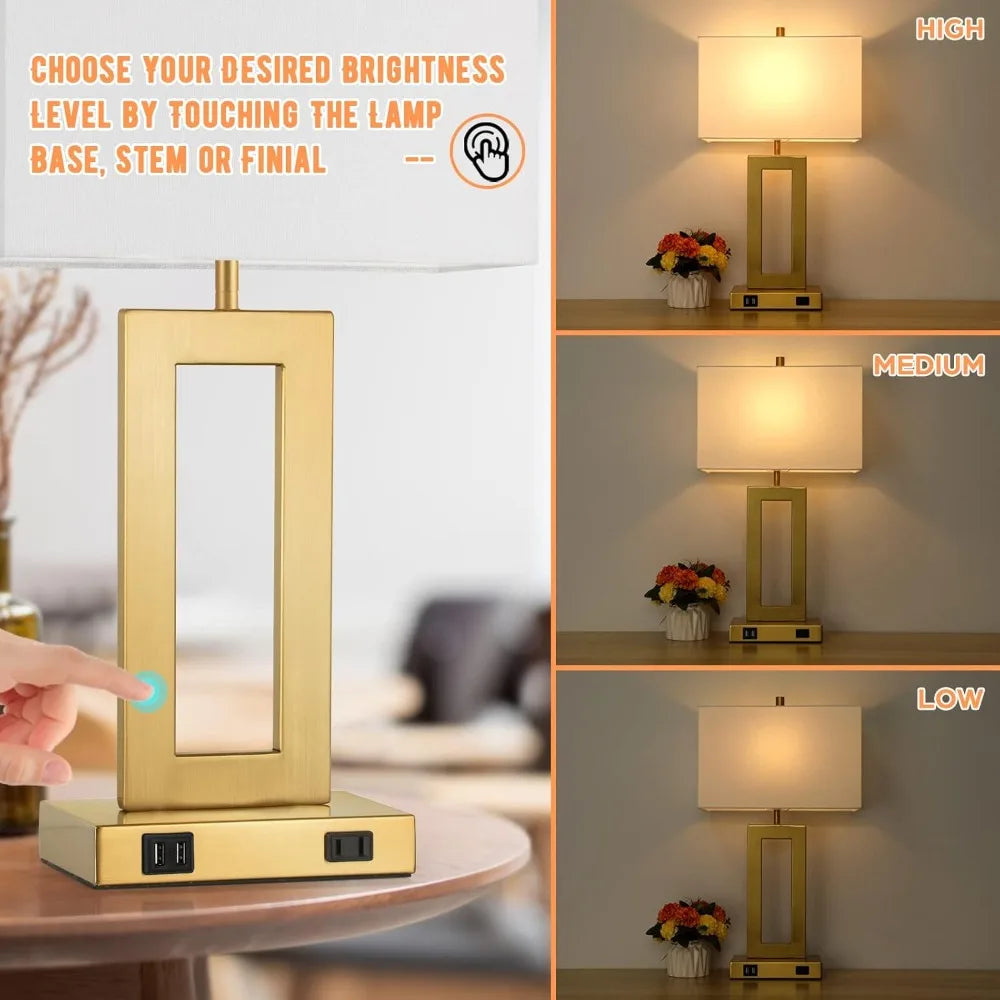 22’’ Table Lamps for Bedrooms Set of 2, Gold Bedside USB Desk Lamp with AC Outlet, Touch Control Modern Vintage Living Room Tabl