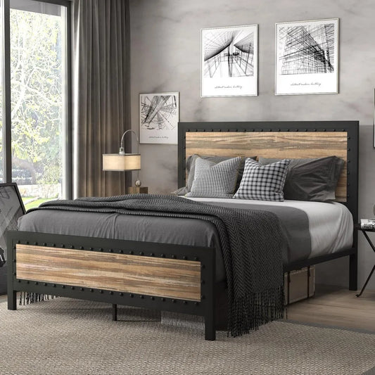 Heavy Duty Metal Bed Frame, Platform Base with Wooden Headboard Footboard, Strong Slats Support, No Box Spring Needed