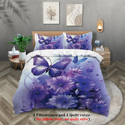 3pcs fashionable purple butterfly printed bedding set, soft and comfortable, for women bedroom, queen, king and twin bed