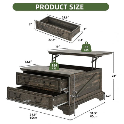 Farmhouse Square Lift-Top Coffee Table Large with Hidden Compartment Living Room