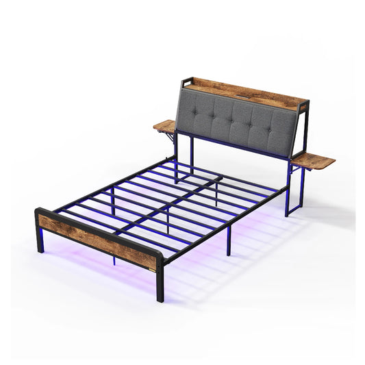 REDLIFE Metal Bed Frame w/ Charging Station LED Lights Noise Free