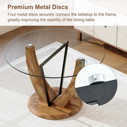 Round Dining Table Set for 4, 48 Inches Kitchen Table with 4 Brown Chairs, Tempered Glass Tabletop with Wood Pedestal Base