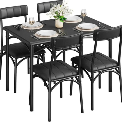 5-Piece Industrial Dining Table Set, Compact Kitchen Table & 4 Padded Chairs, Farmhouse Dining Room Furniture Set for Small Spac