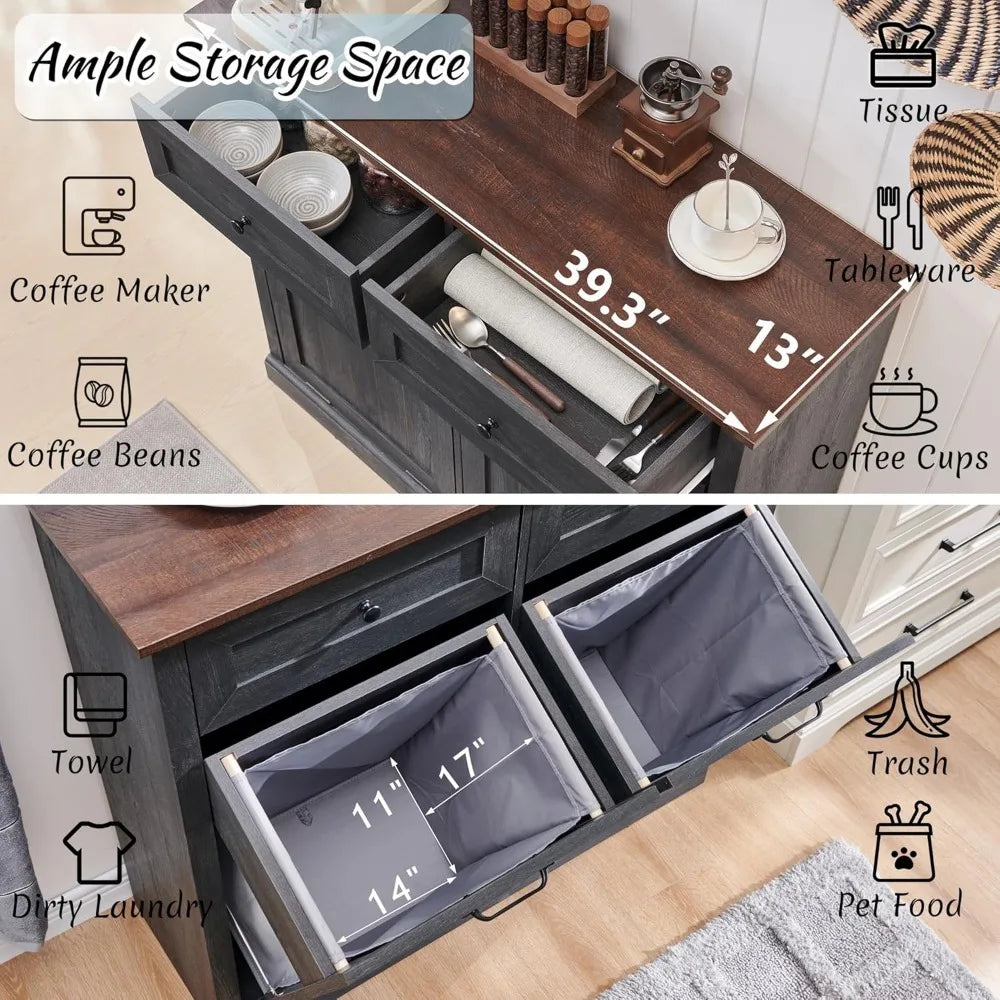 Double Tilt Out Laundry Hamper Cabinet, 20 Gallon Farmhouse Trash Can Cabinet with Drawer, Hidden Wood Garbage Can Bin Cabinet