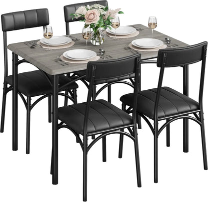 5-Piece Industrial Dining Table Set, Compact Kitchen Table & 4 Padded Chairs, Farmhouse Dining Room Furniture Set for Small Spac