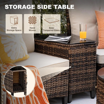 9 Piece Outdoor Patio Furniture Set, Half-Moon Curved Sectional Sofa Rattan Conversation Set with Wood Armrests, Coffee Table