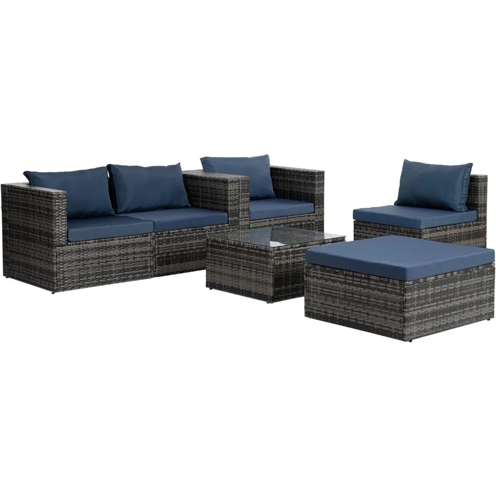 Patio Furniture Sets with Tempered Glass Coffee Table, Couch, Chairs with Cushions, 6 Piece Outdoor Wicker Rattan Sectional Sofa