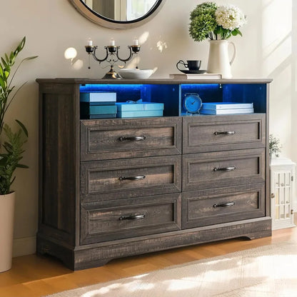 Dressers for Bedroom,6 Drawers Dresser with LED Light,Power Outlets and Open Shelves,Chests of Drawers for 65 inch TV
