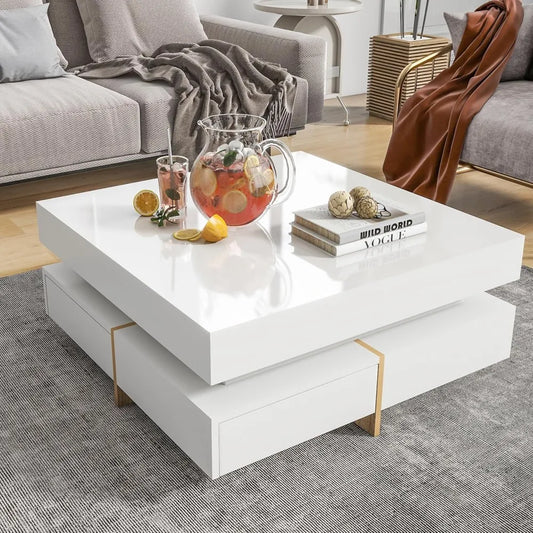 "31" Modern Coffee Table - Storage Drawers & High Gloss Finish, Square Design for Living Room/Office"
