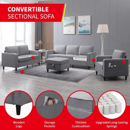 Living Room Furniture Sets, Convertible Sectional Sofa Couch with Storage Ottoman, Modular Sectional Couch for Living Room