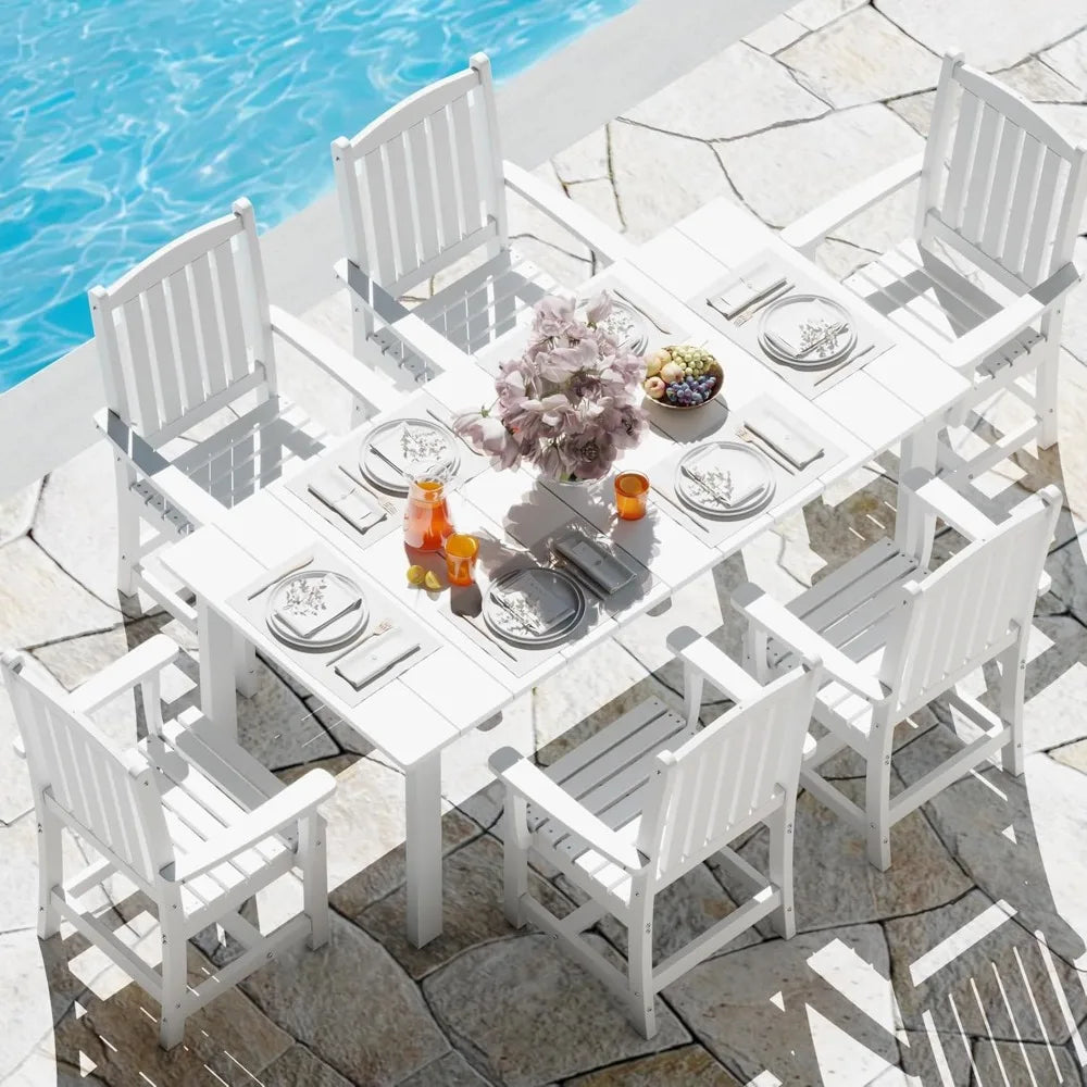 7-Piece HDPE Outdoor Dining Table Sets, Rectangular Patio Dining Furniture Set with 2” Umbrella Hole, Modern Dining 6 Chairs