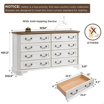 NEW Farmhouse 8 Drawers Dresser for Bedroom, 54" Wide Wood Rustic Chest of Drawers - Natural Texture, Vintage Design, Storage