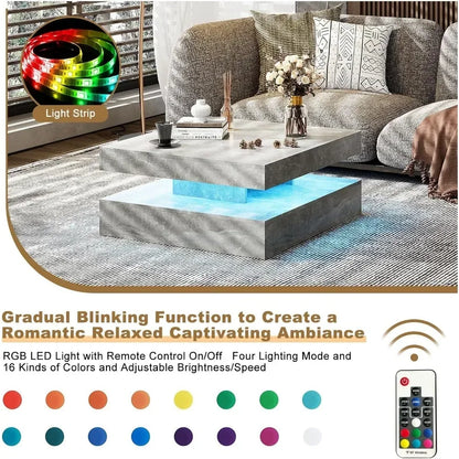 LED Coffee Table, 31inch Wooden Square 2-Tier Tables, Coffee Tables with 16-Color Plug-in LED Light, Coffee Table