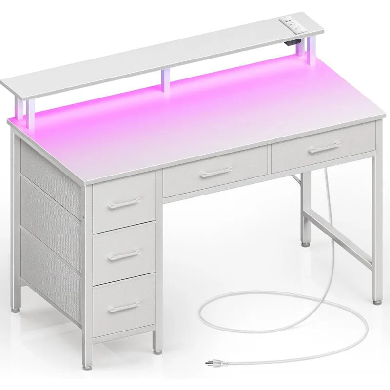 Home Office Computer Desk with Power Outlets, LED Light & 5 Drawers - Writing Desk with Monitor Stand