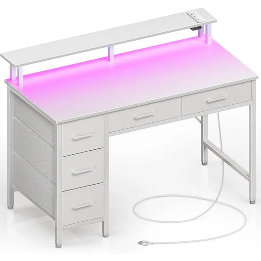 Home Office Computer Desk with Power Outlets, LED Light & 5 Drawers - Writing Desk with Monitor Stand