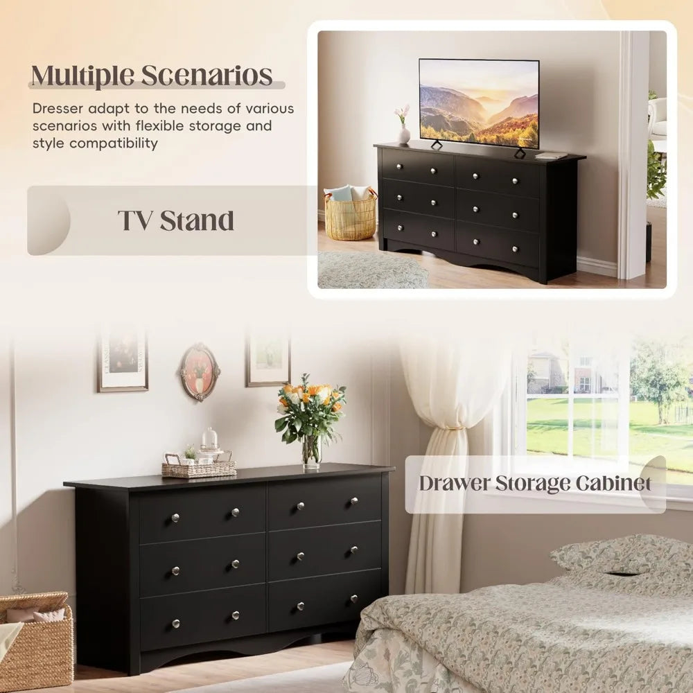 JUMMICO Black Dresser for Bedroom, 6 Wood Dresser Drawers, Wide Chest of Drawers, Storage Tower Unit, Modern Design for Bedroom,