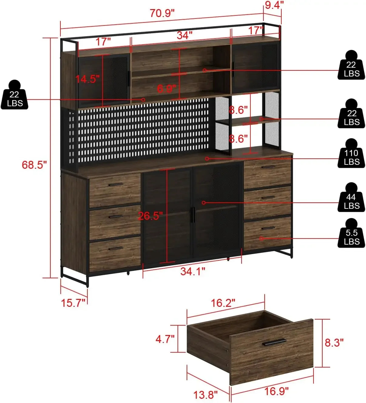 Sideboard Buffet Storage Cabinet with Hutch, Pegboard,  Metal Mesh Doors, Drawers & Shelves, Kitchen Pantry Cupboard