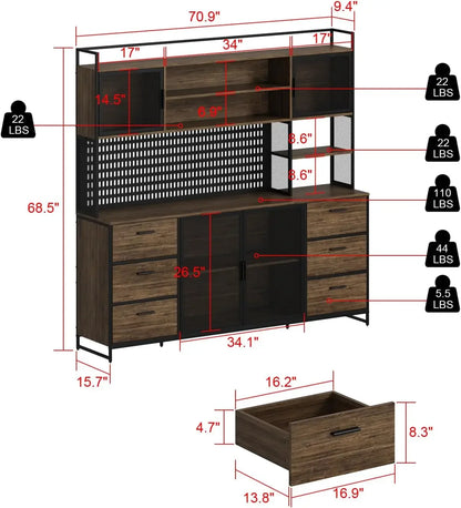 Sideboard Buffet Storage Cabinet with Hutch, Pegboard,  Metal Mesh Doors, Drawers & Shelves, Kitchen Pantry Cupboard