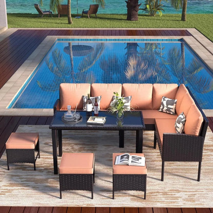 PatioConversation Set,Outdoor Furniture Sectional with Throw Pillows and Anti-Slip Cushions,PE Rattan Sofa Set with Dining Table