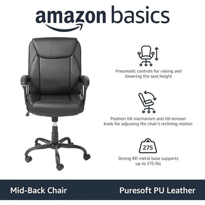 Classic Puresoft PU Padded Mid-Back Office Computer Desk Chair with Armrest, 26"D X 23.75"W X 42"H, Black,Office Chairs