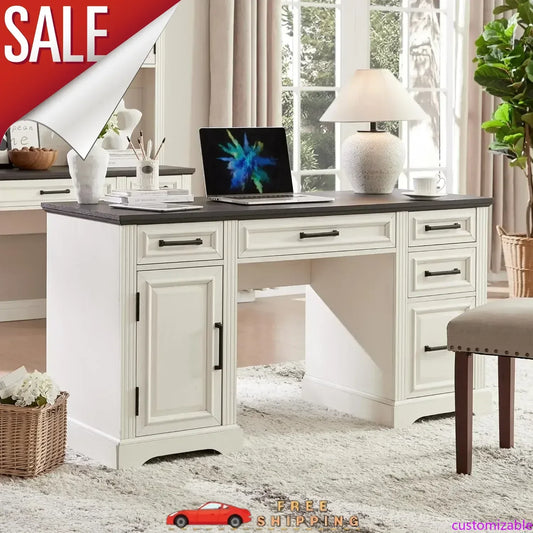 Customizable 58" Executive Desk, Farmhouse Computer Desk with Drawers and Cabinet, Embossed Texture Home Office Desk, Off White