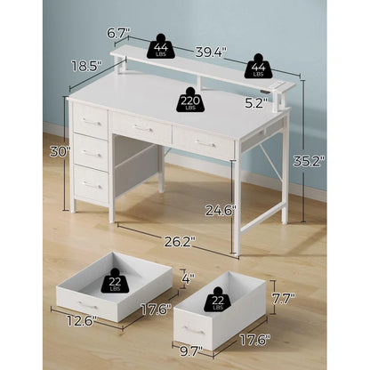 Home Office Computer Desk with Power Outlets, LED Light & 5 Drawers - Writing Desk with Monitor Stand